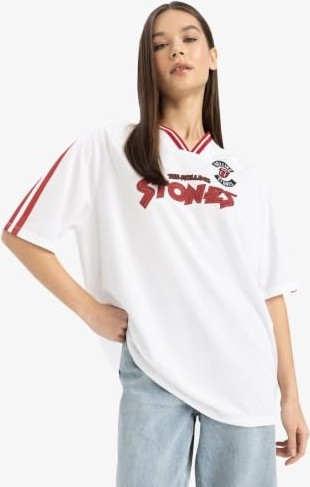 1001 Rolling Stones Oversize Geniş Kalıp V Yaka Sırt Baskılı Kısa Kollu Tişört E6139AX25SM görsel 4
