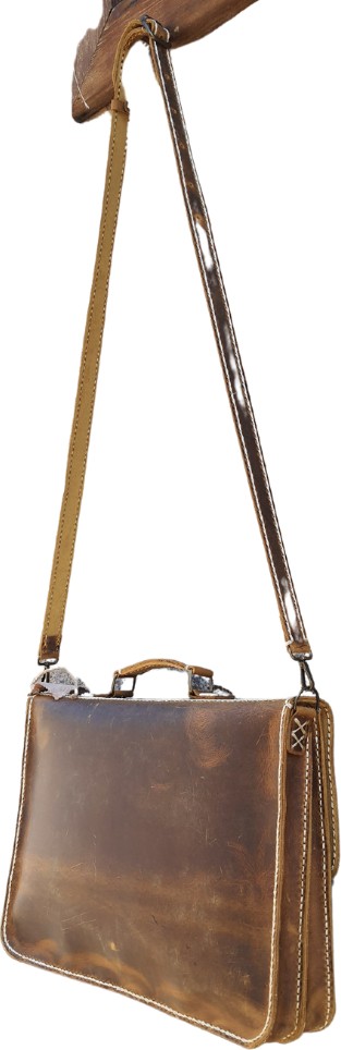 Semiramis Zeus Model Deri El Yapımı Çift Körüklü Evrak Çantası Unisex Taba Vintage Model görsel 2