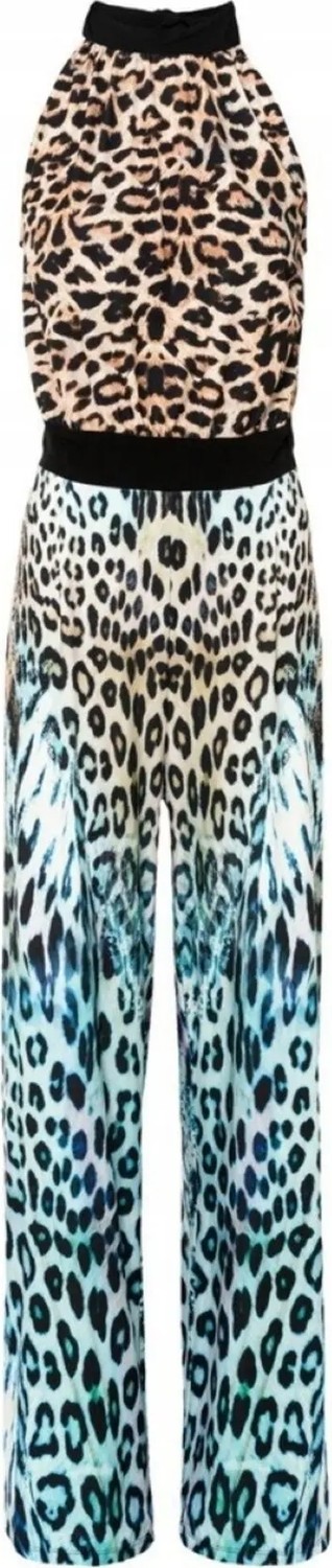 Şans Kadın Renkli Halter Yaka Geniş Paçalı Tulum %95 Polyester %5 Elastan Hayvan Desenli Renkli 65N33573 görsel 5