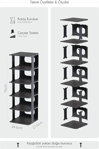 Coverest Modern 5 Katlı Ayakkabılık, Portatif Ayakkabı Rafı, Kolay Kurulum, 76X24.5X27.5 Cm, 6 Raf ve Destek Parçaları ile (Gri) görsel 2