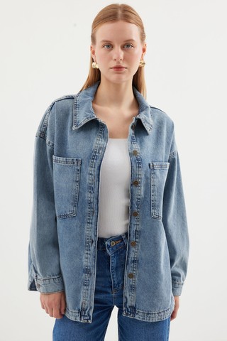 Bigdart Çift Cepli Oversize Denim Ceket Kadın 100% Pamuk Lacivert Renkli Şık Tasarım