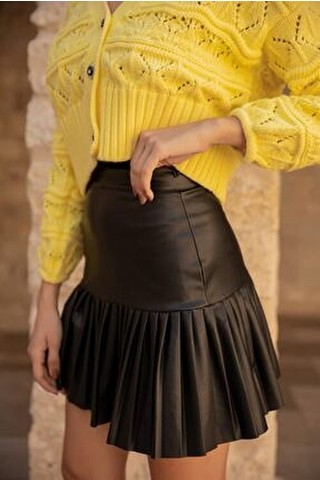 Işılda Fashion Kadın Giyim Eteği Pileli Mini Deri Etek