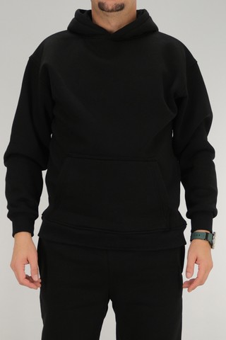 Souris Erkek Siyah Oversize Kapüşonlu Sweatshirt 3 Iplik Şardonlu Kanguru Cepli