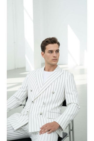 Plus Scorpion Beyaz Çizgili Erkek Kruvaze Blazer Ceket, Italyan Kesim, Modern ve Zarif Şıklık
