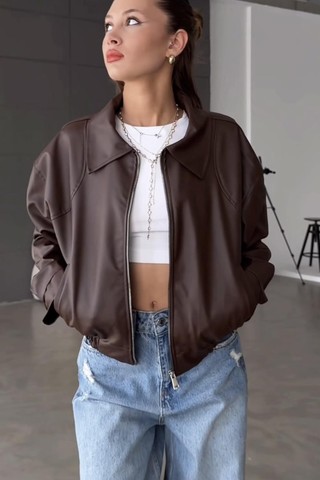 Prifaldi Belize Oversize Bomber Belden Lastikli Deri Ceket Siyah