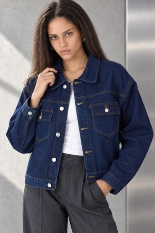 Quhox Kadın Koyu Mavi Çift Cepli Düğmeli Oversize Denim Jean Ceket