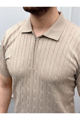 Fantastik Store Erkek Yazlık Triko Saç Örgü Tişört Kısa Kol Polo Yaka Fermuarlı T-Shirt - Bej