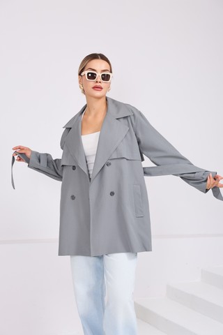 Sahra Afra Kadın Oversize Kısa Trençkot Apoletli Düğmeli Cepli Trençkot