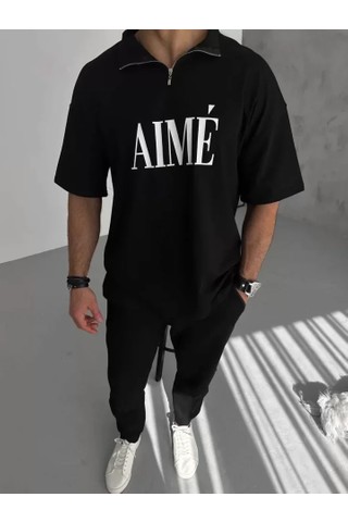 Milas Toptan Unisex Yarım Fermuarlı Baskılı T-Shirt - Siyah