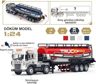 Frefly Store 1:24 Ölçek Diecast Metal Kafa Işıklı ve Sesli Oyuncak Tanker Tırı - Ayrılabilir Dorseli Model Araba görsel 4