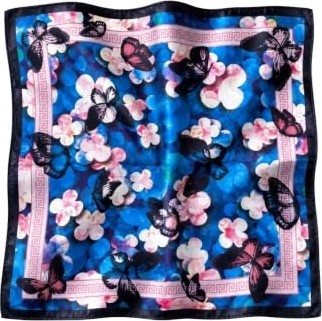 1001 Çiçek Desen Saks Mavisi-Pembe Soft Bandana Fular 50X50 cm görsel 4