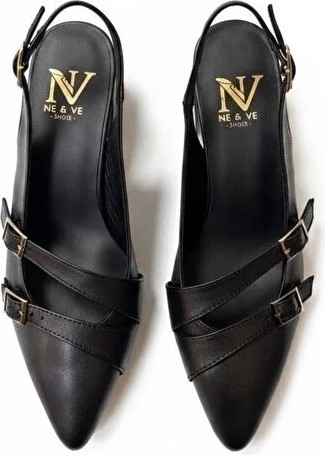 Ne&Ve Shoes Siyah Deri Üç Tokalı Kadın Sivri Burun Kalın Topuklu Ayakkabı görsel 4