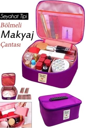 1001 Seyahat Tipi Bölmeli Makyaj Kozmetik Çantası Organizer (Mor) görsel 4