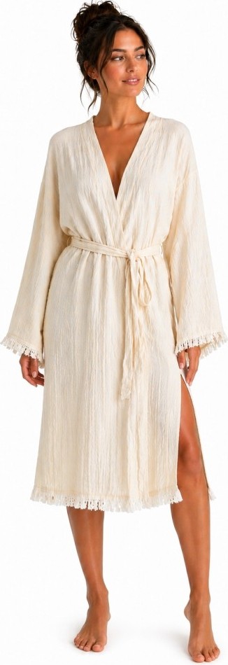 Mulberry Natural Touch Müslin Kimono Bornoz, Püskül Detaylı Yırtmaçlı Spa & Plaj Kimonosu