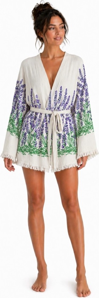 Mulberry Sedna Kadın Ekru Müslin Kimono Bornoz, Kuşaklı, Püskül Detaylı, Oversize Rahat Kesim Plaj & Ev Giyim
