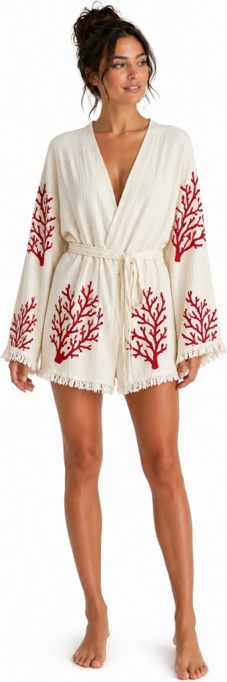 Mulberry Sedna Kadın Ekru Müslin Kimono Bornoz, Kuşaklı, Püskül Detaylı, Oversize Rahat Kesim Plaj & Ev Giyim
