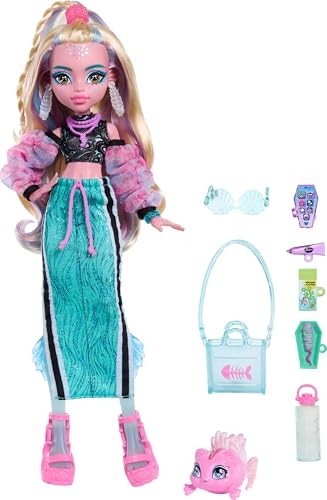 Die Grup Monster High Bebek, Lagoona Mavisi Crop Top ve Sportif Maxi Etek Evcil Hayvan Balık Neptuna ve Shell Güneş Gözlüğü, Atıştırmalık ve Çanta, JHK33 Gibi 7 Aksesuar görsel 5