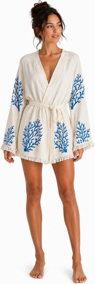 Mulberry Sedna Kadın Ekru Müslin Kimono Bornoz, Kuşaklı, Püskül Detaylı, Oversize Rahat Kesim Plaj & Ev Giyim