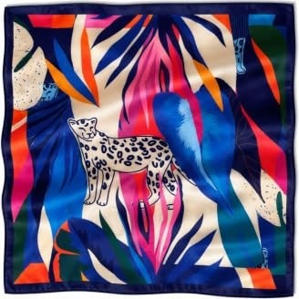 1001 Leoparlı Tropik Yaprak Desen Saks-Fuşya Soft Bandana Fular 50X50 cm görsel 5