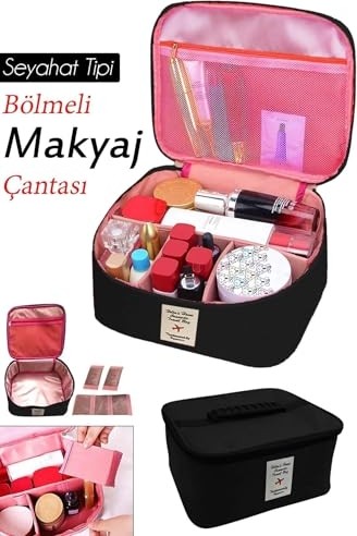 1001 Seyahat Tipi Bölmeli Makyaj Kozmetik Çantası Organizer (Siyah) görsel 4
