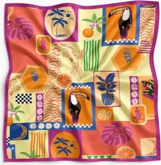 1001 Tropikal Kolaj Desen Fuşya-Turuncu Soft Bandana Fular 50X50 cm görsel 5