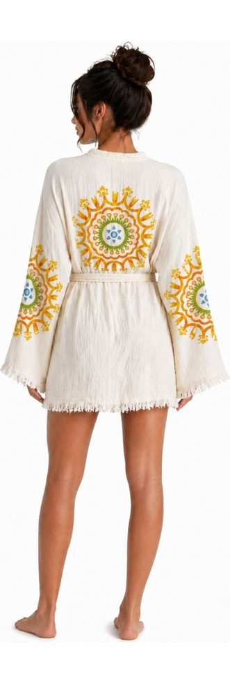 Mulberry Sedna Kadın Ekru Müslin Kimono Bornoz, Kuşaklı, Püskül Detaylı, Oversize Rahat Kesim Plaj & Ev Giyim görsel 6