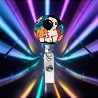 1001 Astronot Desenli Damla Yoyo Yaka Kartlığı | Sevimli Uzay Temalı Çekmeli Kartlık görsel 3
