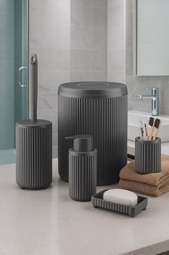 Modern 5 Parça Banyo Seti, Çöp Kovası, Wc Fırçası, Sabunluk, Diş Fırçalık ve Sıvı Sabunluk, Mat Banyo Aksesuar Seti, Plastik Ribbed Tasarım görsel 2