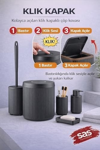 Modern 5 Parça Banyo Seti, Çöp Kovası, Wc Fırçası, Sabunluk, Diş Fırçalık ve Sıvı Sabunluk, Mat Banyo Aksesuar Seti, Plastik Ribbed Tasarım görsel 3
