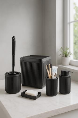 Modern 5 Parça Banyo Seti, Çöp Kovası, Wc Fırçası, Sabunluk, Diş Fırçalık ve Sıvı Sabunluk, Mat Banyo Aksesuar Seti - 3088