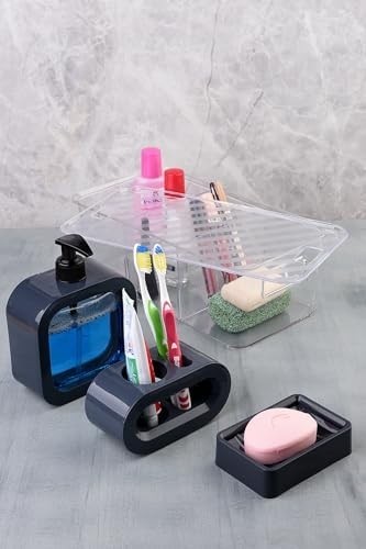 Prime Modern Tasarım 4 Parça Banyo Aksesuar Seti Modern Hafif Lüks Yıkama Kabı Banyo Aksesuarları Banyo Seti Losyon Şişeleri, Diş Fırçası Tutacağı, Diş Kupası, Sabunluk görsel 2