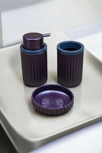 Prime 3 Parça Sert Plastik Banyo Seti/sıvı Sabunluk, Diş Fırçalık ve Katı Sabunluk-Mürdüm görsel 3