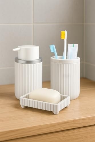 Prime Serisi Beyaz Banyo Seti, 3 Parça Oval Akrilik Sabunluk Fırçalık ve Sıvı Sabunluk Takımı - 3319