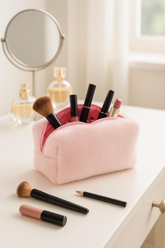 1001 Peluş Yumuşacık Makyaj Çantası - Kozmetik Organizeri (Pembe) görsel 3