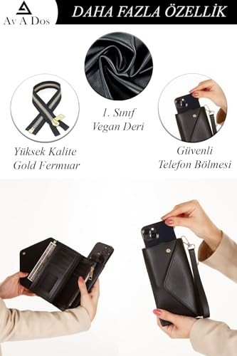 1001 Kadın Deri Siyah Telefon Nakit Bozuk Para Bölmeli Kartlık Kilitli Bilek El Askılı Portföy Cüz görsel 5