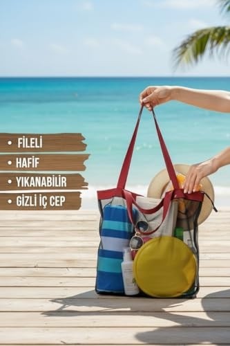 1001 Fileli Plaj Çantası Siyah | Su Geçirmez Telefon Ceplii | Hafif, Yıkanabilir, Hızlı Kuruyan Yaz görsel 2