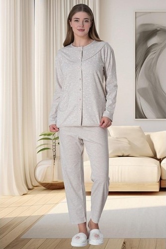 raia 6022 Vizon Kadın Büyük Beden Boydan Düğmeli Pijama Takımı