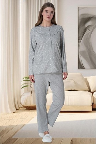 raia 6022 Vizon Kadın Büyük Beden Boydan Düğmeli Pijama Takımı görsel 2