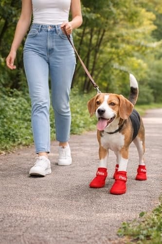 Aesco Köpek Ayakkabısı 4’lü Set Su Geçirmez Kaymaz Tabanlı Köpek Botu Küçük Orta Irk Köpekler Için Koruyucu Patik Yağmur Kar Çamur Için Dayanıklı Evcil Hayvan Ayakkabısı Kırmızı (Medium) görsel 4