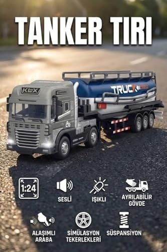 Aesco 1:24 Ölçek Diecast Metal Kafa Işıklı ve Sesli Oyuncak Tanker Tırı - Ayrılabilir Dorseli Model Araba