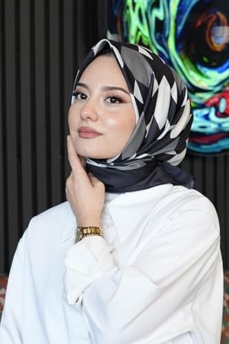 1001 Geometrik Desen Siyah - Beyaz Soft Pamuk Eşarp görsel 2