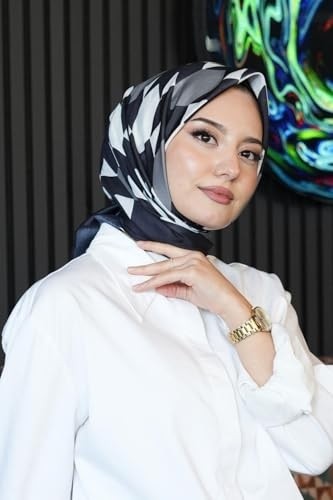 1001 Geometrik Desen Siyah - Beyaz Soft Pamuk Eşarp görsel 3