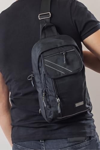 1001 Çapraz Sırt Omuz Göğüs Su Geçirmez Askılı Unisex Gri Şeritli Siyah Çanta (18X30 Cm) (Sport görsel 2