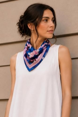 1001 Çiçek Desen Saks Mavisi-Pembe Soft Bandana Fular 50X50 cm görsel 2