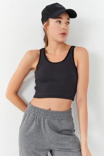 1001 Indigo Basic Sıfır Kol Dar Kalıp U Yaka Crop Top Atlet, T10BY-97160 görsel 3