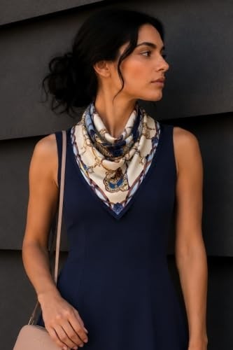 1001 Binici Desen Lacivert-Krem Soft Bandana Fular 50X50 cm görsel 2