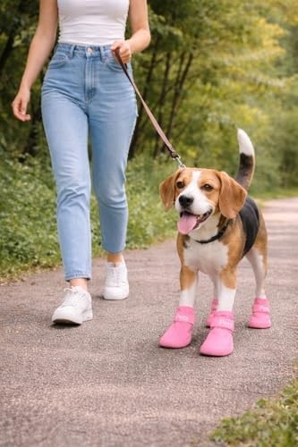 Esranın Dünyası Köpek Ayakkabısı 4’lü Set Su Geçirmez Kaymaz Tabanlı Köpek Botu Küçük Orta Irk Köpekler Için Koruyucu Patik Yağmur Kar Çamur Için Dayanıklı Evcil Hayvan Ayakkabısı Pembe (Medium) görsel 4