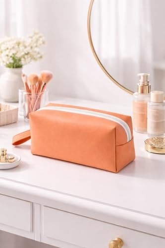 1001 Deri Makyaj Kozmetik Çantası Seyahat Tipi Çanta Organizer (Şeftali) görsel 3