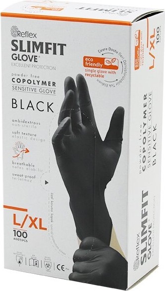 TeknoKapsül Reflex Slimfit Glove KOD-031 L-Xl Siyah Pudrasız Muayene Eldiven 100LÜ (5643)
