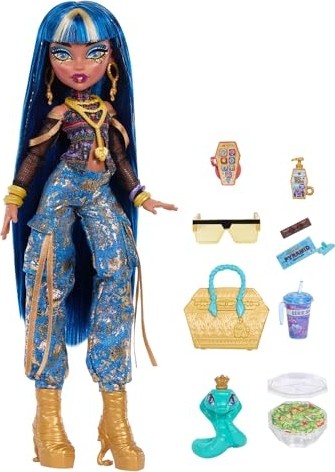 Aesco Kısa Bluz ve Altın Rengi Detaylı Kot Kargo Pantolon Giyen Monster High Cleo De Nile Bebek, Evcil Yılanı Hissette ve Salata, Smoothie ve Çanta Gibi 7 Aksesuar, JHK32 görsel 5